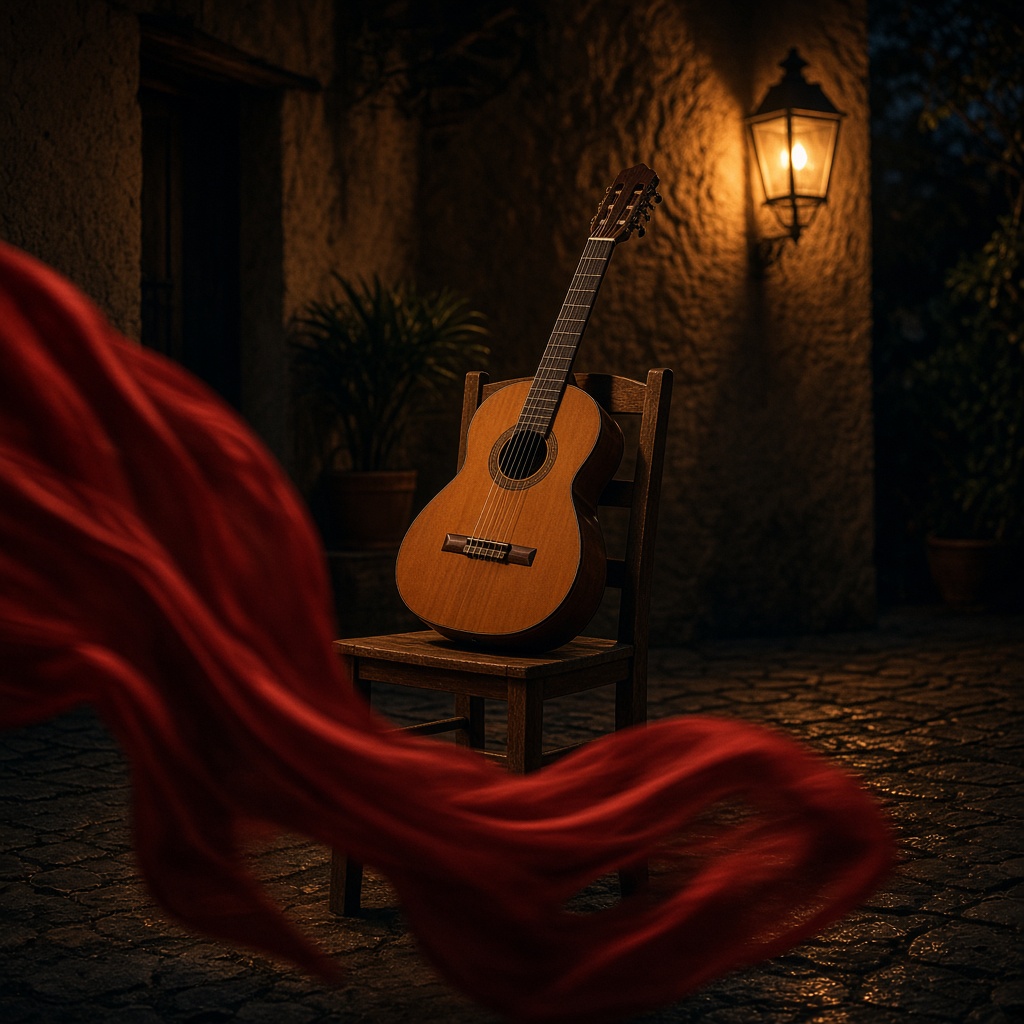 Night courtyard with a Spanish guitar and a sweep of red fabric.